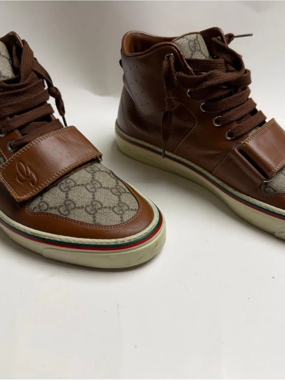 Gucci Brown Leather & GG Canvas High-Top Sneakers